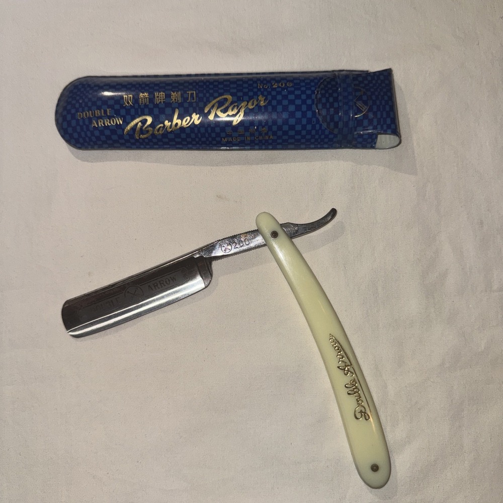 Double Arrow Folding Straight Razor Barber Razor No 200 White Handle With Sheath